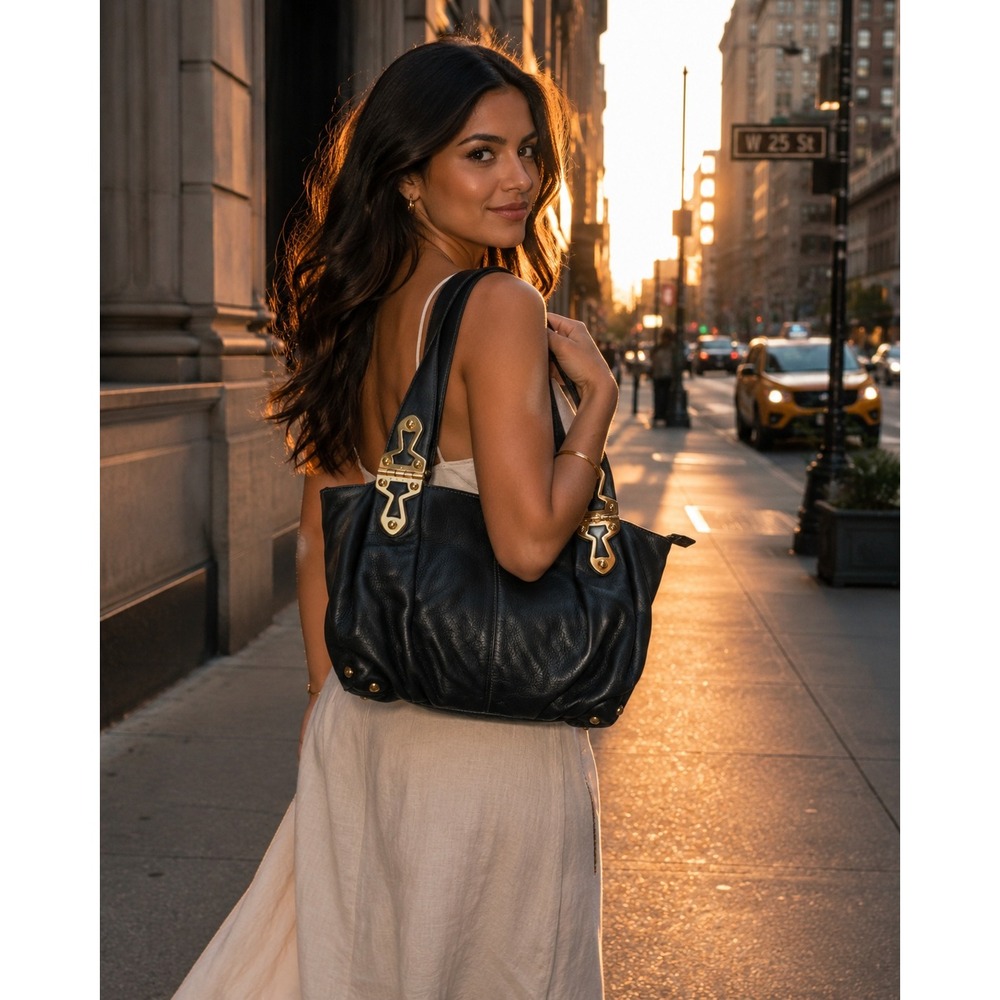 Michael‎ Kors Shoulder Bag Large Black Pebbled Leather Gold Hinge Hardware Tote